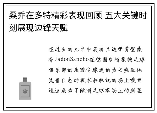桑乔在多特精彩表现回顾 五大关键时刻展现边锋天赋